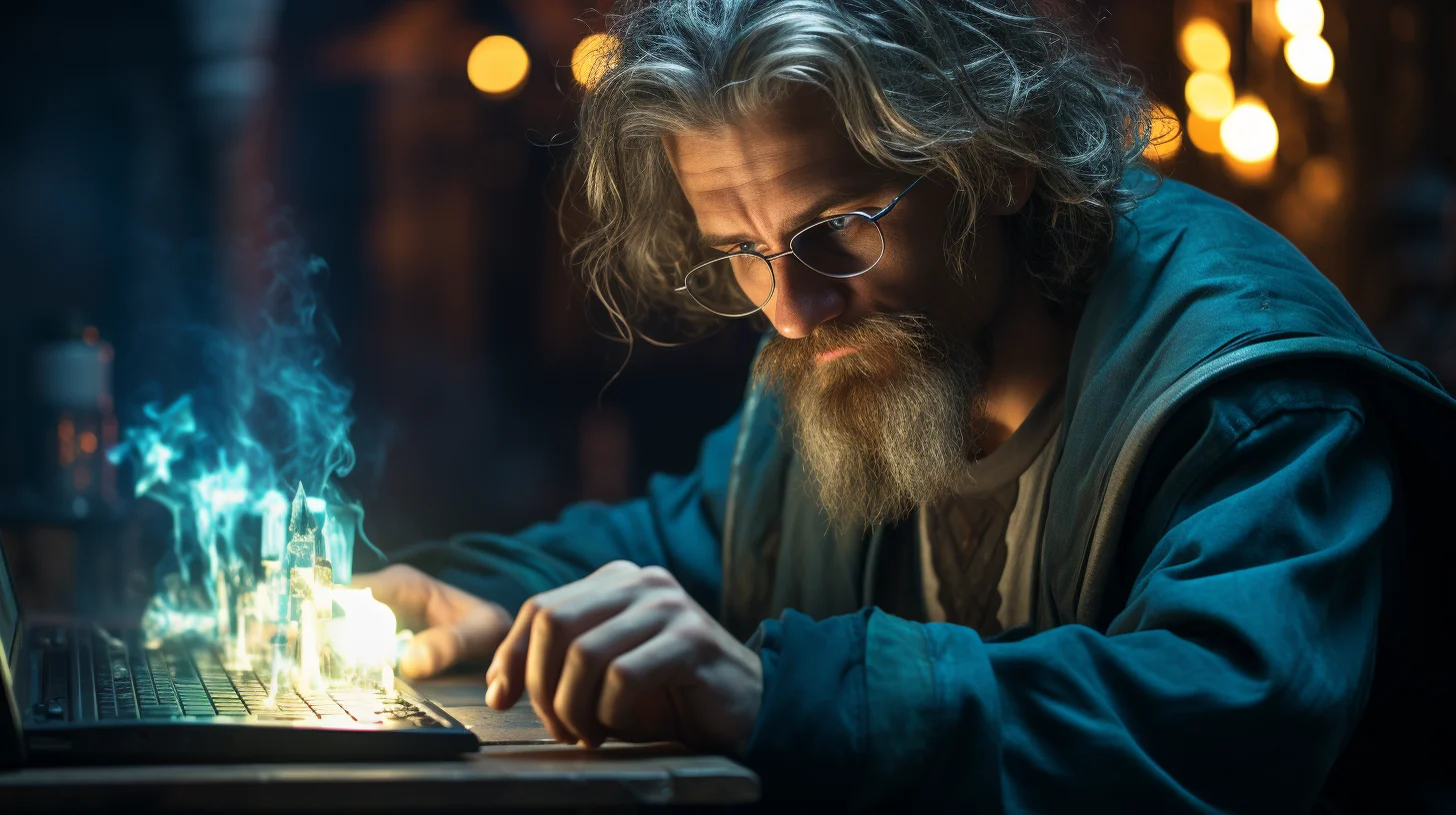 ic7zi_A_Young_35_years_old_Alchemist_watching_memes_on_Laptop_f_7b729b71-1e6c-43a5-8037-ccaa97b98f61