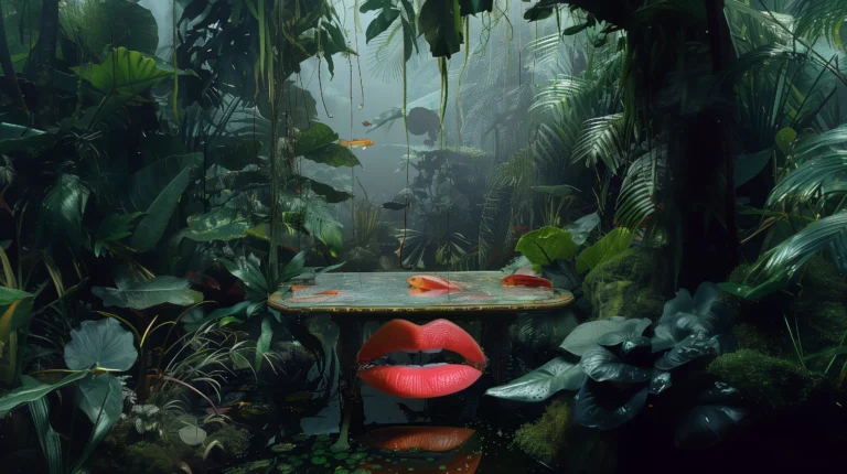 ic7zi_Table_in_jungle_heavy_rain_under_the_table_big_lips_fish._cf662c89-6fd0-4670-9097-76b2cf5ad5f3