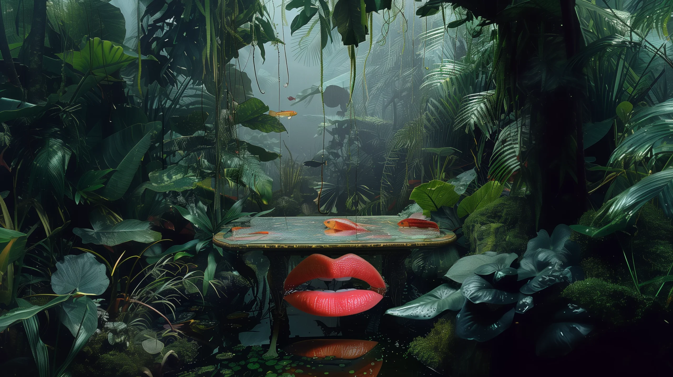 ic7zi_Table_in_jungle_heavy_rain_under_the_table_big_lips_fish._cf662c89-6fd0-4670-9097-76b2cf5ad5f3